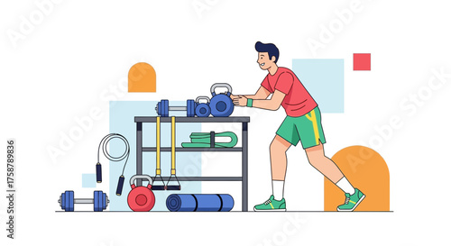 A Person Preparing For Fitness With Various Exercise Equipment In A Studio
