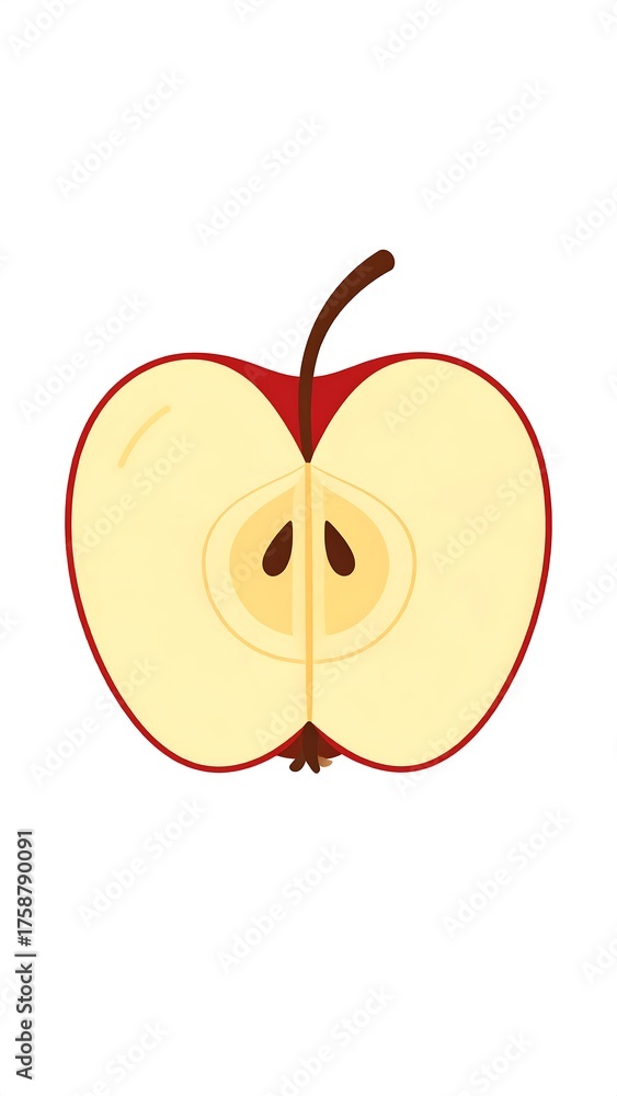 Fototapeta premium A vector illustration depicts a stylized half-cut red apple, revealing the inner structure and seeds on a white background