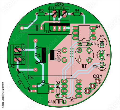 Vector printed circuit board of electronic 
device with components of radio elements, 
conductors and contact pads placed on pcb
on transparent background. Engineering technical drawing.