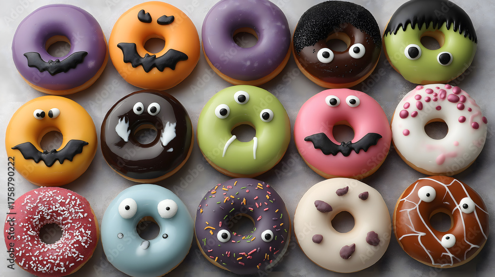 Fototapeta premium Assorted Halloween Doughnuts with Spooky Characters Spread on Table – Trick or Treat Celebration Concept