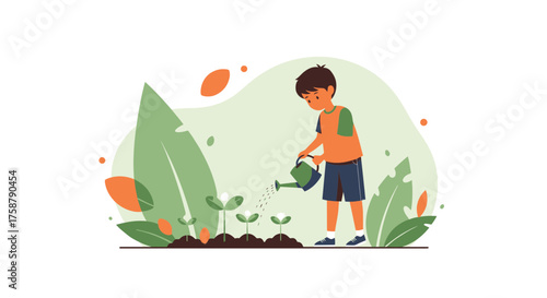 A Young Gardener Watering Plants, Cultivating Growth, Nurturing Nature And Dreams