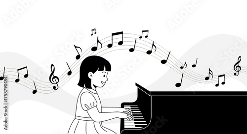 A Young Girl Plays The Piano With Musical Notes Emanating From The Instrument