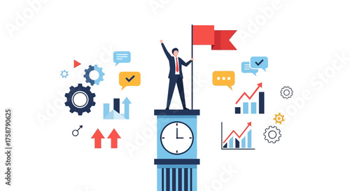 Achieving Success: A Businessman Stands Atop The Clock Tower with Flag and Graphs
