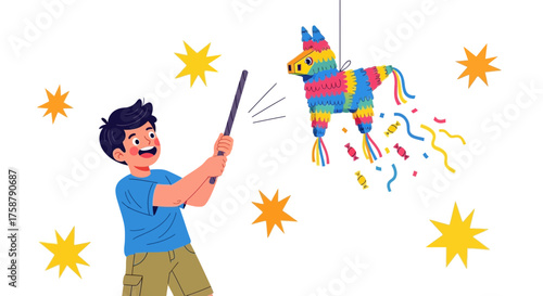 A Boy Attempts to Break a Colorful Pinata During a Festive Celebration