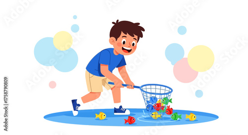 A Cheerful Kid Captures Colorful Fish During A Playful Fishing Adventure