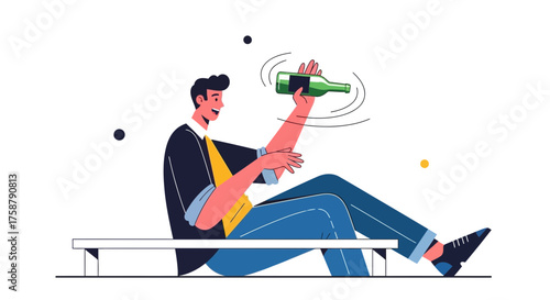 A Cheerful Person Juggling A Bottle While Reclining On A Simple Bench Illustratively