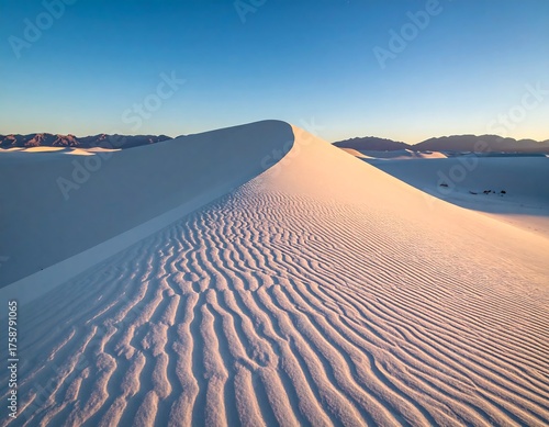 Pristine white sand dune under a vibrant blue sky, bathed in sunlight