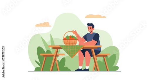 A Person Enjoys A Pleasant Picnic Amidst Fresh Produce And Serene Outdoor Scenery