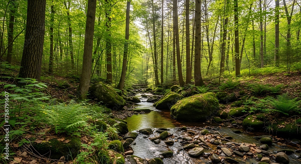 Obraz premium A tranquil forest stream winds through a lush green woodland, dappled sunlight filtering through the trees.