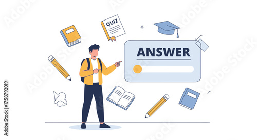 A Student Points Towards the Answer on a Quiz with Books and Graduation Cap Illustration