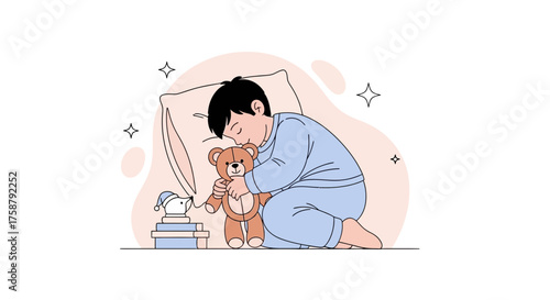 A Little Boy Cuddling A Teddy Bear, Preparing For Sleep And Nighttime Comfort