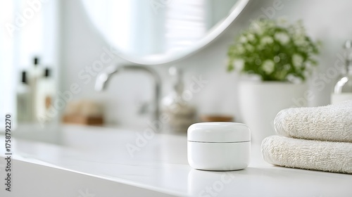 White cream jar and towels on a bathroom counter in a bright clean setting