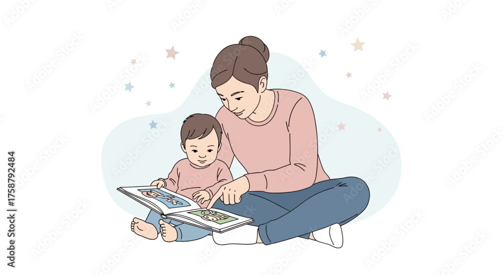 Obraz premium A Mother And Child Reading A Book Together Under The Gentle Light Of The Stars