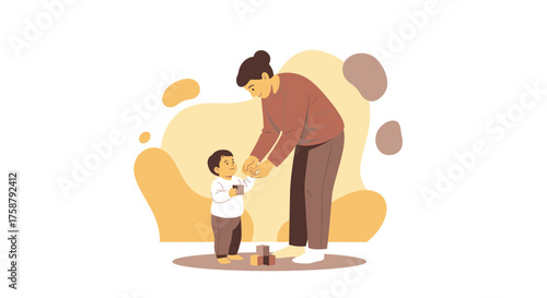 A Mother And Child Interacting, Playing Together In A Modern Illustrated Style