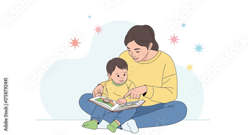 A Mother And Child Reading A Book Together During Their Peaceful Time At Home
