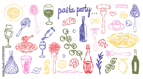 Hand drown Italian homemade pasta retro vintage doodle vactor. Drawing family dinner picnic breakfast supper wine macaro illustration.