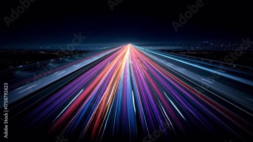 Futuristic Highway at Night – Autonomous Vehicles with Neon Light Trails and Digital Overlay