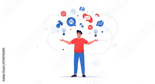 A Person Conceptualizing Information with Ideas and Email Symbols Floating Overhead