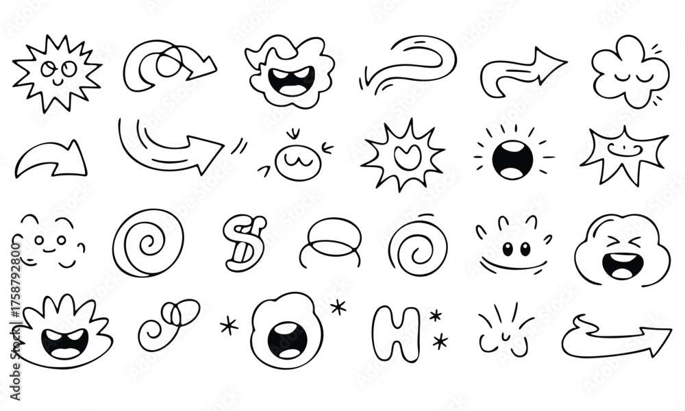 Obraz premium A set of hand-drawn vector icons for your design showing a seamless pattern of cartoon weather symbols and vintage elements