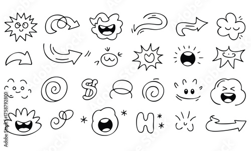 A set of hand-drawn vector icons for your design showing a seamless pattern of cartoon weather symbols and vintage elements