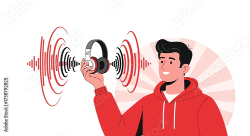 A Person Holding Headphones With Sound Waves Streaming Away, Delivering Audio Signals
