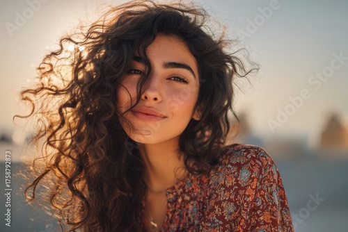 Smiling woman with curly ha...