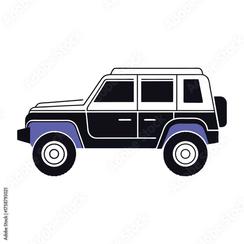 Stylized illustration of a classic dark blue and white off road vehicle