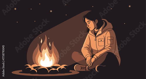 A Person Meditating Near a Campfire Under the Stars, Illuminated by its Warmth