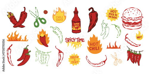 Hand drown set vactor spicy food. Shapes retro cartoon style condiments peppers chili red green hot sauce.