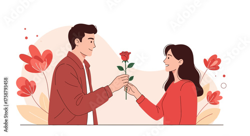 A Romantic Gesture: A Young Man Gifts A Rose To A Smiling Young Woman