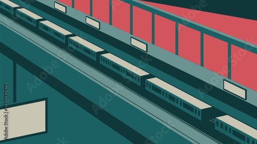A stylized illustration of a train on elevated tracks with blank signs and a red background wall view