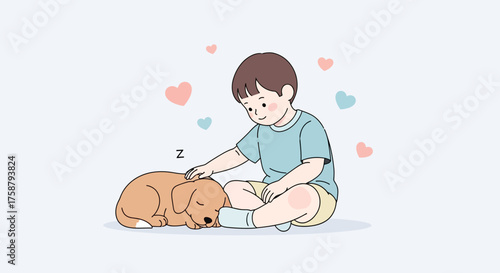 A Young Boy Shares a Moment of Quiet Affection With a Sleeping Puppy