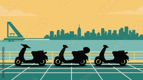 Three scooter silhouettes against a cityscape backdrop with bridge and water view in flat design