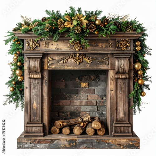 Festive Fireplace with Gold Ornaments and Green Garland on White Background