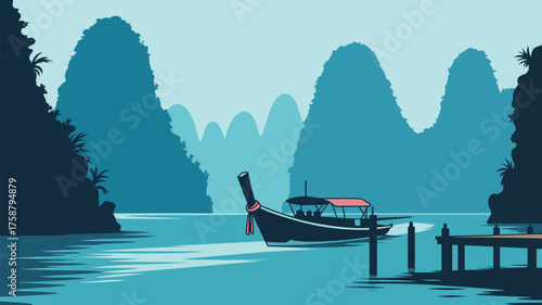 A longtail boat sails on calm water near a dock with mountains and vegetation in the background