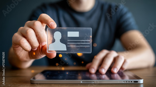 Person holding a transparent digital id card over a tablet satellite