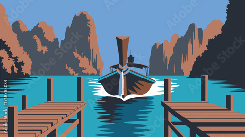 A longtail boat approaching a wooden pier with cliffs in the background on a clear sunny day scene