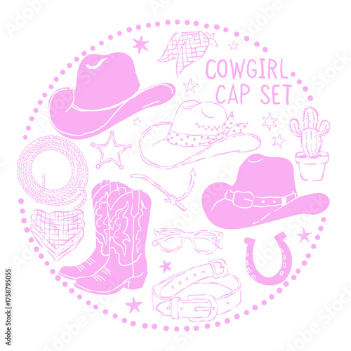 Hand drown long live boot vintage retro cowgirl cap . lettering wild west fashion style vector. 