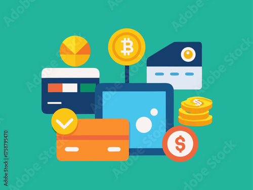 Digital finance illustration with bitcoin credit cards and online transactions