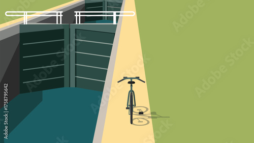 A bicycle riding on a path beside a canal with a lock and green grass on the other side in cartoon style