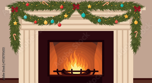 Cozy christmas fireplace decorated with festive garland and glowing lights