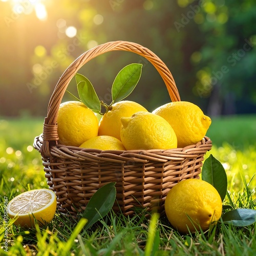 Ripe yellow fruit sits in wicker basket amidst sunny grass