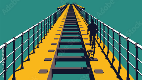 A cyclist silhouette riding across a yellow bridge with teal water and white railings perspective view