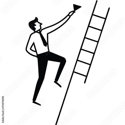 Businessman climbing and running with silhouette figures of dancing women in artistic vector style