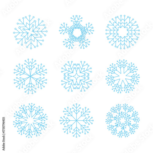 Vector set of white snowflakes on a white background. Details of the six-pointed snow. Illustration in flat design.