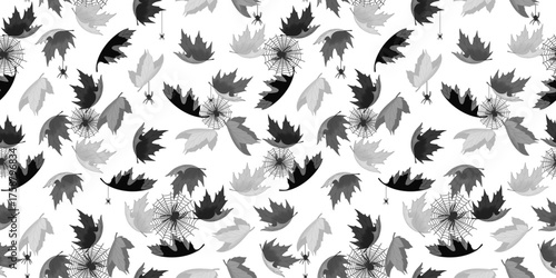 Seamless, isolated, black and white repeating pattern with autumn leaves, spiders, and cobwebs. Suitable for wallpaper, backgrounds, textiles, packaging, and paper. Vector illustration.