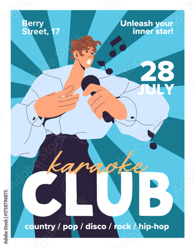 Design of event poster with a boy singing songs with a microphone in karaoke club. Promotion template with performance of singer with mic. Advertising layout of music party. Flat vector illustration.