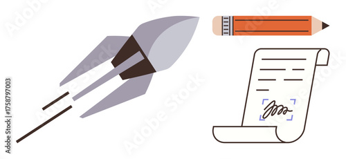 Rocket launching represents progress, pencil symbolizes creativity, and signed document signifies commitment. Ideal for success, teamwork, creativity, productivity, innovation, motivation
