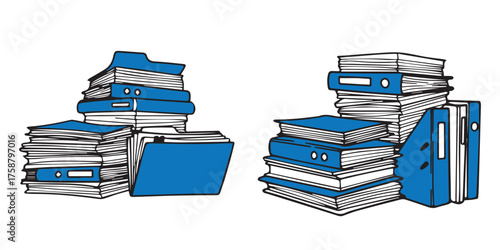 Illustration of two stacks of blue folders and documents representing paperwork and organization