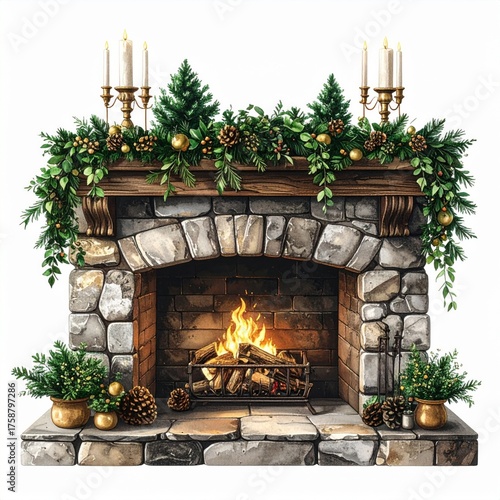 Festive Fireplace Decorated with Evergreen Garland and Golden Accents